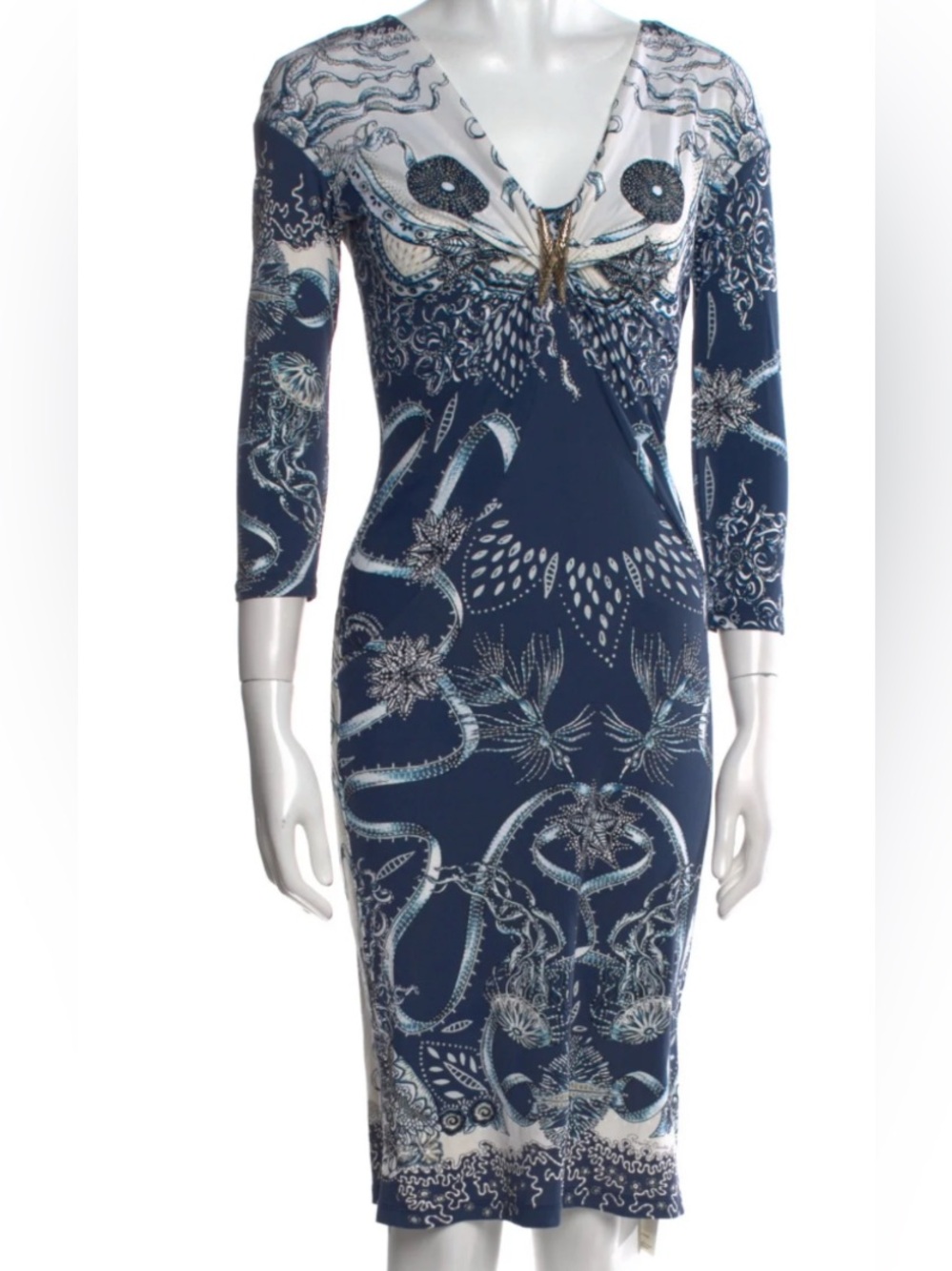 Roberto Cavalli Navy and White Printed V‑Neck Long‑Sleeve Dress